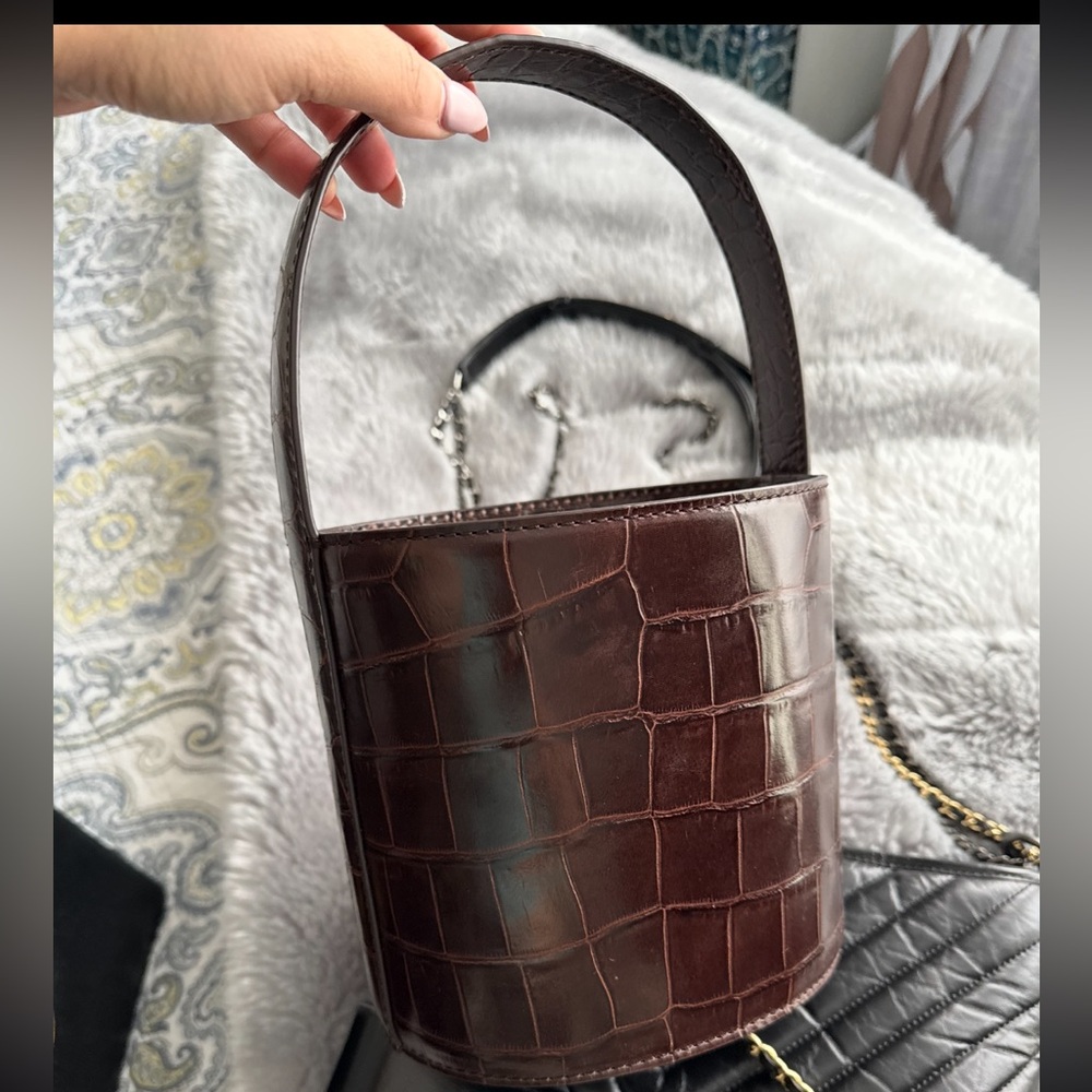 Elegant Brown Moc Croc Leather STAUD Bissette Bucket Shoulder Bag